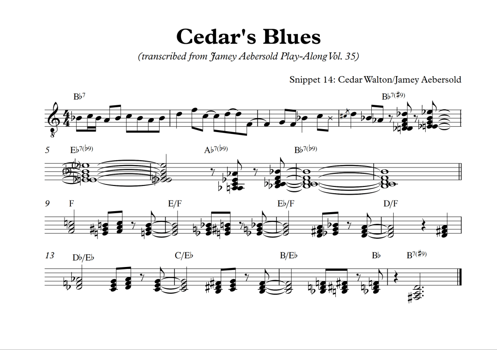 Transcription of Cedars Blues by Cedar Walton. I used a Jamey Aebersold Play-Along for the transcription.