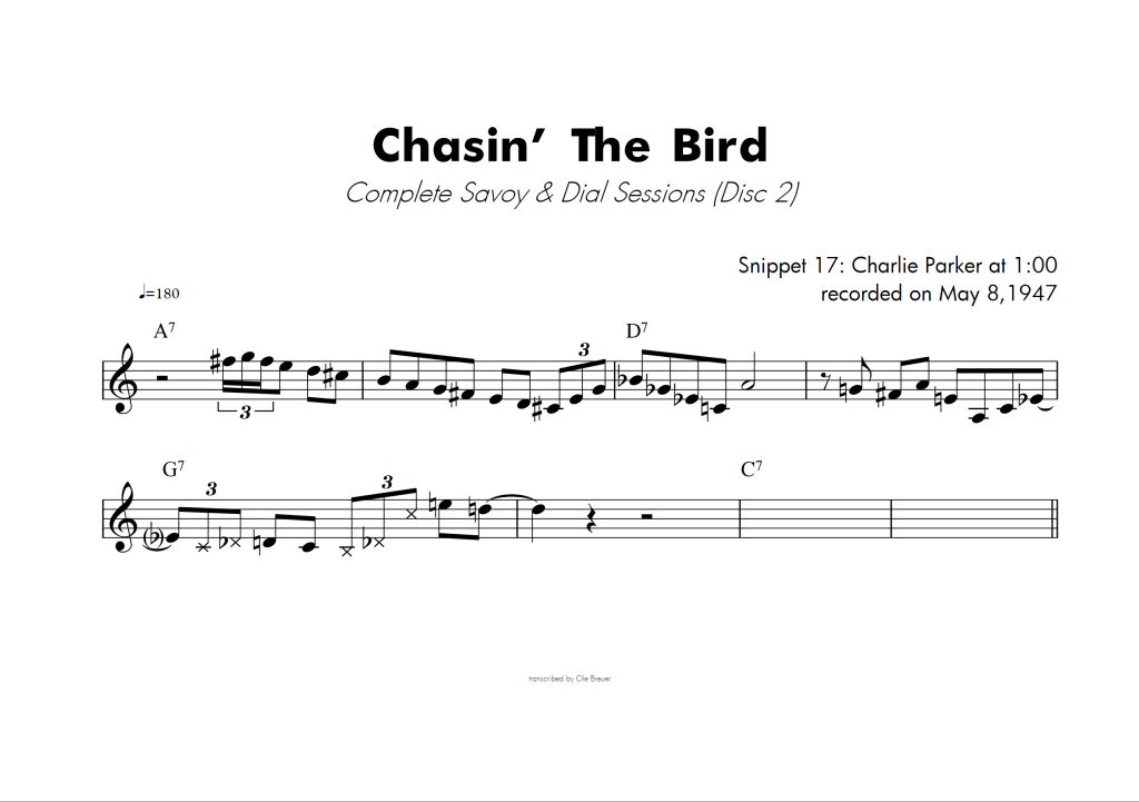 This is a transcription of a motif played by Charlie Parker on the rhythm changes tune "Chasin' the Bird" in the B-section. It was recorded on May 5, 1947.