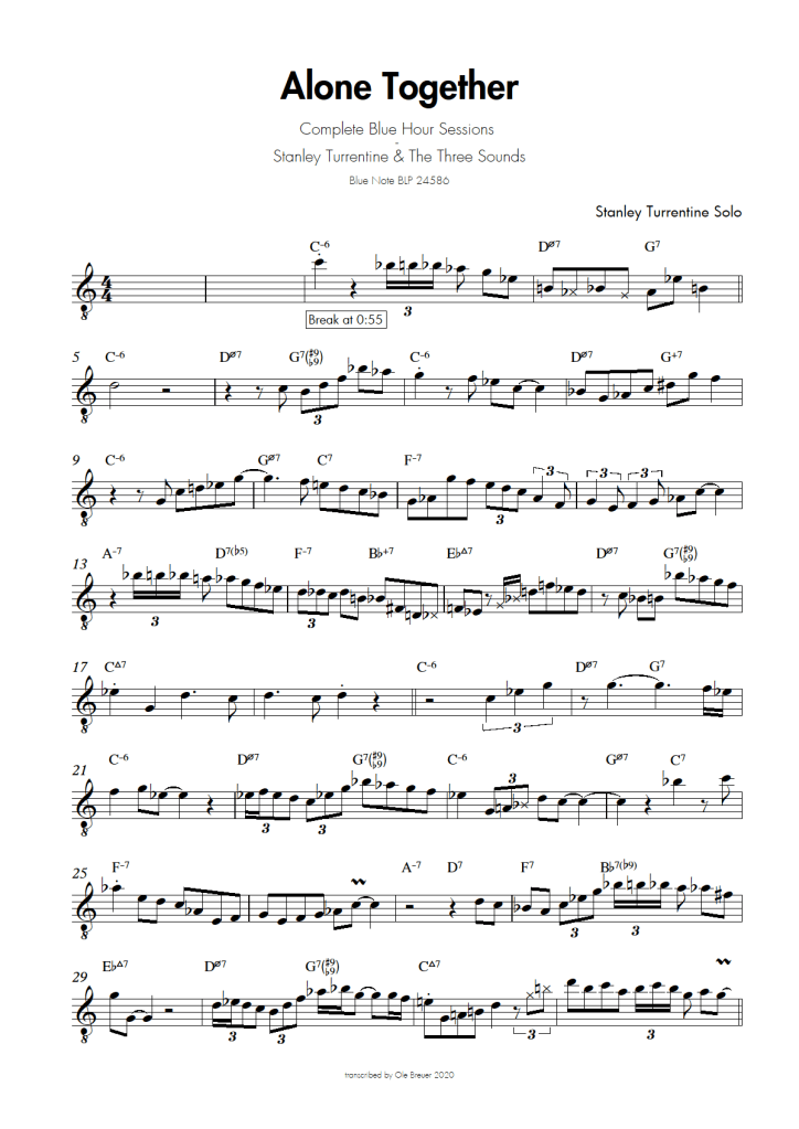 This is a transcription of the solo played by Stanley Turrentine on the tune "Alone Together" from the record "The Complete Blue Hour Session" by Stanley Turrentine and the 3 Sounds. P1