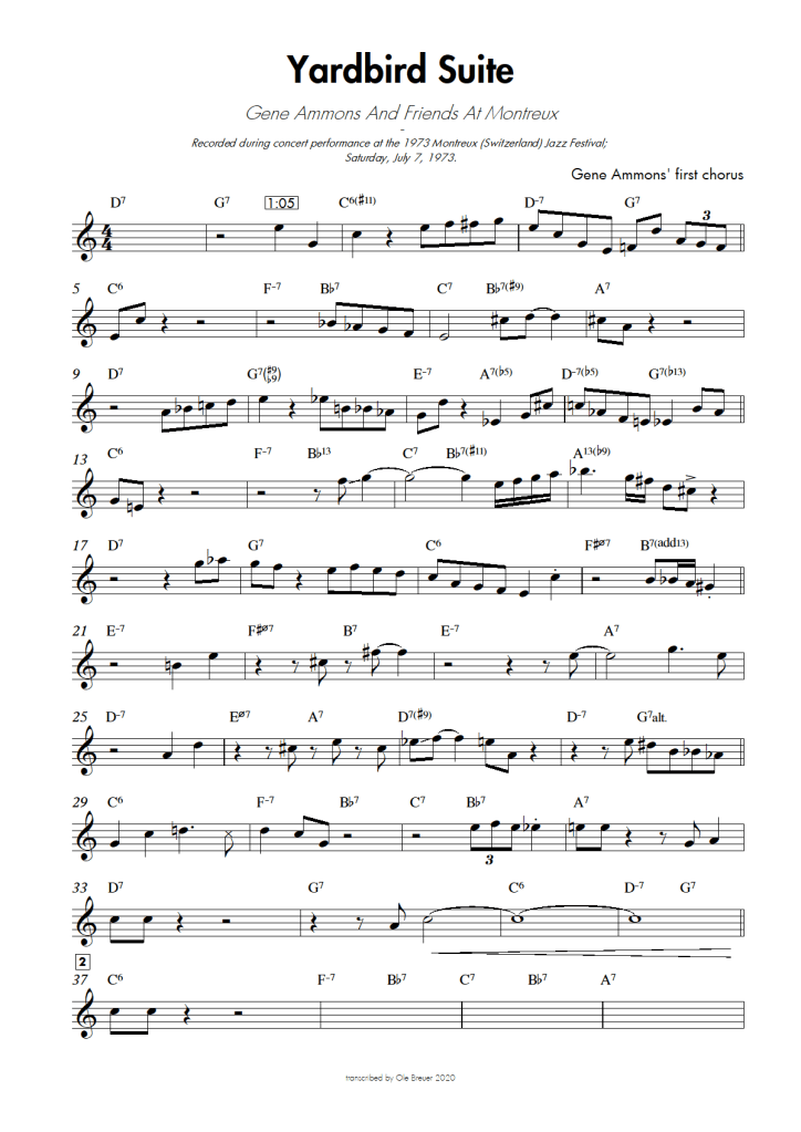 This is a transcription of the first solo chorus of the Yardbird Suite (written by Charlie Parker) played by Gene Ammons on his record "Gene Ammons And Friends At Montreux" featuring Hampton Hawes on Electric Piano, Bob Cranshaw on Electric Bass, Kenny Clark on the drums and Kenneth Nash on the Congas. The Album was recorded during concert performance at the 1973 Montreux Jazz Festival on July 7.