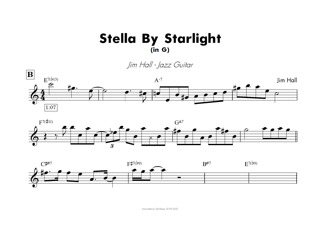 This is the transcription of a beautiful line played by Jim Hall over the b-section of stella by starlight from his 1957 record "Jazz Guitar".