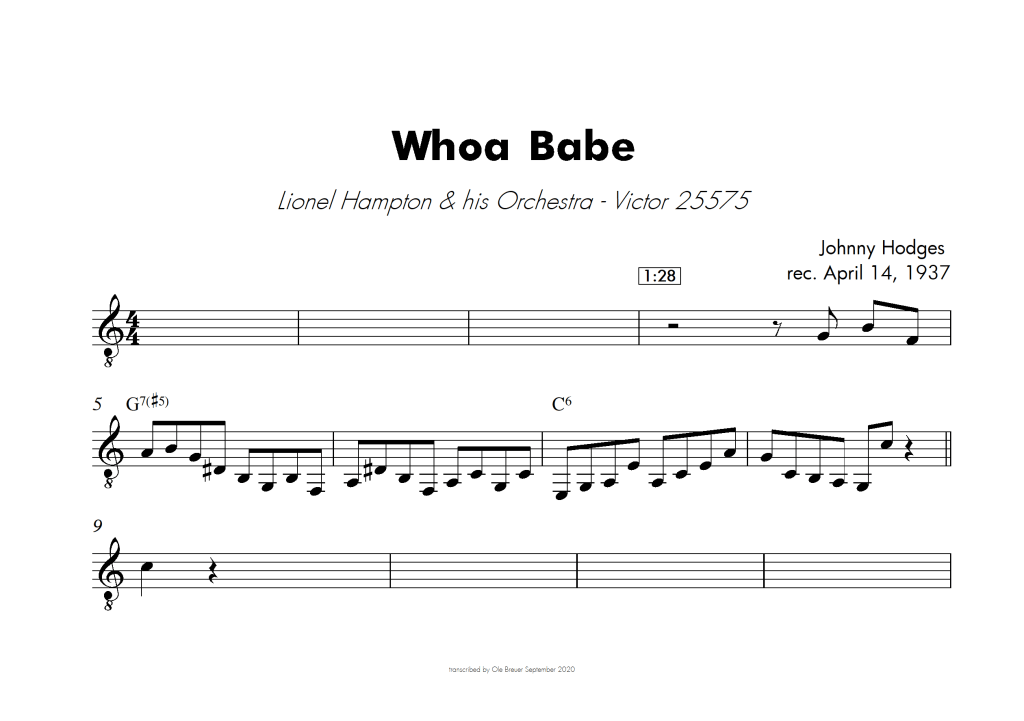 transcription of a line played by Johnny Hodges in 1937 on the tune Whoa Babe