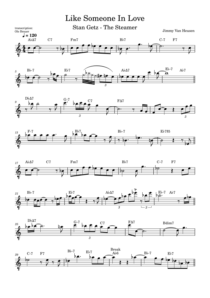 Transcription of Stan Getz playing the head of Like Someone In Love from his record The Steamer (1957).