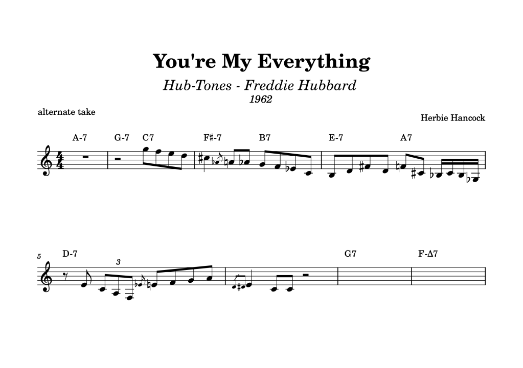 Transcription of a great line played by Herbie Hancock on the alternate take for the song "You're My Everything", taken off Freddie Hubbards "Hub-Tones" record from 1962. The line starts at 3:30 on the top of the form, starting Herbie's solo.